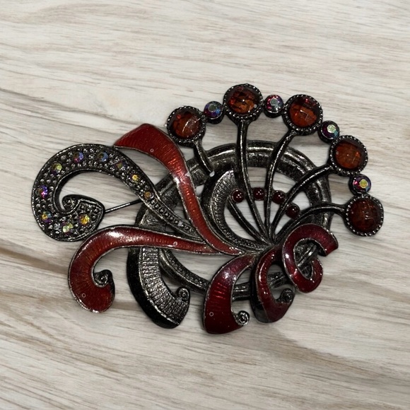 Vintage red rhinestone, and enamel ribbon brooch 2 1/2 x 1 1/2” - Picture 1 of 3